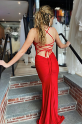 Plunging V Neck Lace-Up Mermaid Satin Long Prom Dress